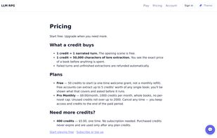Credit-based pricing: free trial with 6 credits (no signup), then pay-as-you-go or subscribe. One credit per AI turn. No monthly commitment required—buy a pack when you need it.