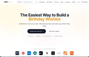 Homepage screenshot of LMK.today featuring its universal wishlist tool, including price tracking, price drop alerts, no duplicate gifts, and compatibility with major retailers like Amazon, Target, Walmart, and Etsy