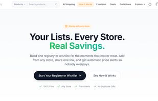 LMK.today How It Works page showcasing its universal wishlist and registry product, with features like add-from-any-store functionality, shared list links, automatic price alerts, and duplicate gift prevention.