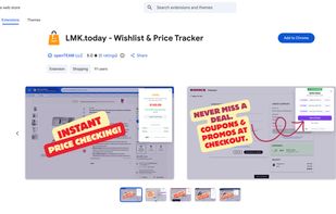 The LMK.today Chrome extension page in the Chrome Web Store, featuring its shopping assistant capabilities including price tracking, instant price checks, and automatic coupon and promo code discovery at checkout.