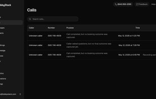 Monitor calls as they come in with a real-time call log for your AI receptionist. Instantly see who called, what they asked for, when the call happened, and whether a booking or follow-up was captured, with recordings available as soon as the call ends.