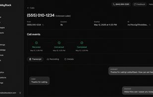 Open any call to see the full conversation unfold in real time. LobbyStack shows the caller details, call status, duration, transcript, recording, and event timeline, so your team can understand exactly what happened on every call without listening from the beginning.