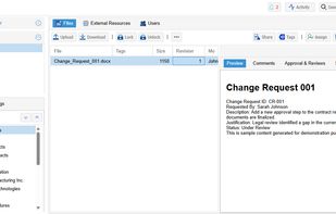 Document explorer with the folder tree, file list, and an in-browser preview of a selected document, with tabs for comments, approvals, versions and tags.