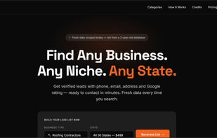 LocalLeadsData homepage — search and buy verified business leads by niche and state, with credit packs that never expire.
