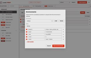 Environments supply {{variables}} to the URL, params, headers, body and auth. A name the active environment doesn't define is flagged before you send, not after.