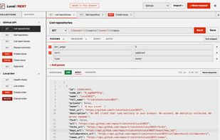 A request and its response: collections on the left, query params in a table that stays in step with the URL, and a 200 with the JSON body folded.