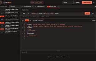 Dark mode, the JSON body editor, and the last 50 requests in History — one click to reopen any of them.