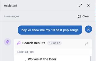 Kii is an assistant that works across your whole catalogue. Ask for your best pop songs in plain English, then turn the answer straight into a playlist.