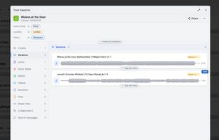 Everything about one song in a single panel: credits, every version, lyrics, voice notes, stems, sessions, files and who it has been shared with.