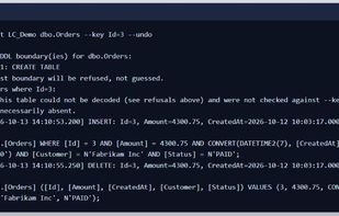 LogCarver listing the INSERT and DELETE events for one row, with the SQL that would reverse each