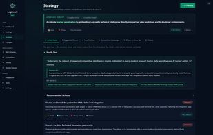 Logicwell's Strategy view turns your competitive position into a board-level plan — a one-line strategic verdict, a 12-month North Star with your biggest bet and key metrics, and prioritized recommended actions you can accept, dismiss, or dig into with the AI Advisor.