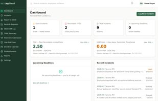 Dashboard: open and recordable case counts, upcoming deadlines, and TRIR and DART rates calculated automatically from hours worked.