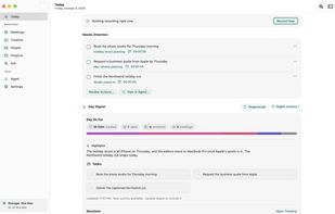 Today on macOS: day digest and outstanding meeting actions. Fictional demo data.
