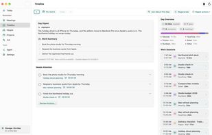 Timeline on macOS: captured work sessions and their underlying context. Fictional demo data.