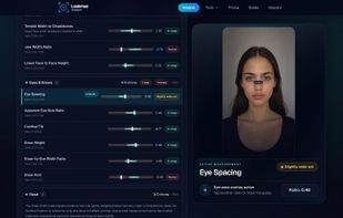 Detailed facial measurements with visual overlays and reference ranges.