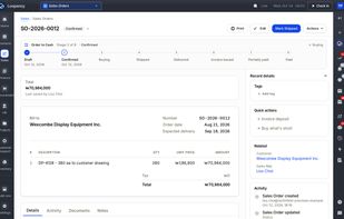 A sales order moving through Order to Cash. Confirmed, then buying, shipping, invoicing and payment, with quick actions to invoice a deposit or buy what's short.
