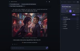 Playing a turn: the story responds to what you typed, tracks location, time and objectives, and switches its soundtrack as the scene changes.