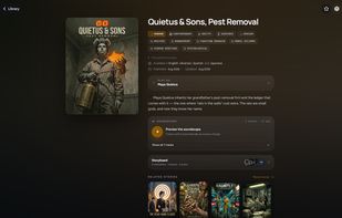 A story's page — content tags, its seven-track soundscape, the storyboard of characters and places, and the languages it is available in.