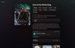 A story's page: premise, genre tags, the character you play, a six-track soundscape and a storyboard of its characters and places.