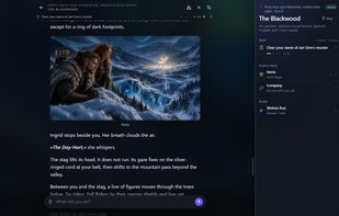 Playing a story: type any action and the narrator answers with prose and illustrated scenes, while the side panel tracks location, goals, items and the soundtrack.