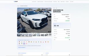 Detailed car page — VIN, lot number, damage report, and cost estimate