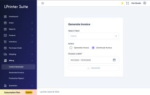 Invoice Generator feature allowing users to select clients, choose between generating or downloading invoices, and specify date ranges (10/1/2025 - 10/31/2025) for billing period with download functionality.