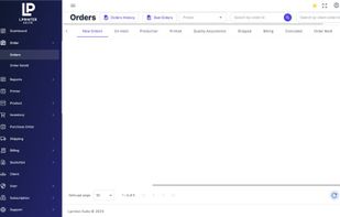 Main dashboard displaying key metrics: 2891 total orders, order status breakdown (665 In Process, 1932 Shipped, 238 Printed, 55 Rejected), and Order By Client chart showing monthly order volume with 2344 orders tracked.