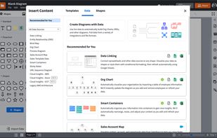 Import data seamlessly from your org charts (CSV), entity relationships (SQL), UML sequence markup, mindmaps, AWS architecture diagrams, and process diagrams (CSV). With our data linking capabilities, you can also import data from Google Sheets, Excel, and CSV.