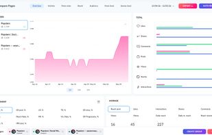 Lucmus comparison dashboard with follower growth, total activity, engagement metrics, average reach, views, shares, comments, stories, and interactions across selected social media pages.