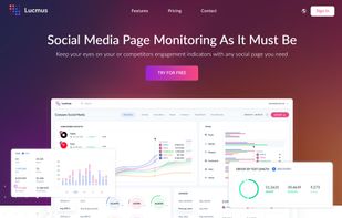 Lucmus landing page presenting the social media page monitoring interface with dashboards, comparison charts, engagement indicators, and visual analytics widgets.