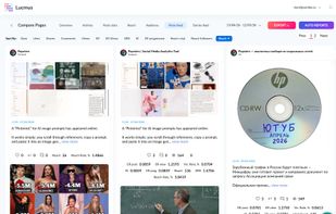 Lucmus posts feed with sortable social media posts, engagement metrics, reach data, views, reactions, comments, and performance indicators for each publication.