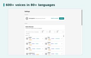 600+ neural voices across 80+ languages, with per-language voice and speed preferences.