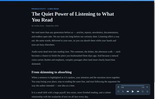 The reader in an article — sentence highlighting follows the voice while ads and menus are skipped