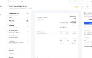 Invoice editor with live PDF preview, Swiss QR-bill, per-item tax rates, discounts and multi-language support.