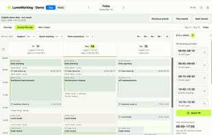 LumeWorklog day timeline with recorded activities and unlogged gaps.
