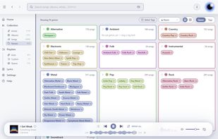 Genres, curated your way.
Drag tags between genre cards to build your own sub-genre hierarchy, right down to Shoegaze under Alternative or Synthwave under Electronic.