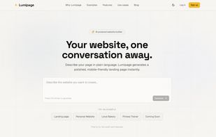 Lumipage's homepage: describe your site in plain language and get a polished, mobile-friendly landing page instantly.