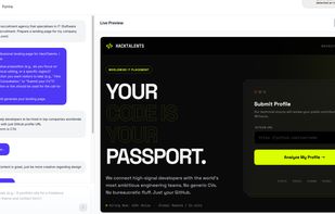 Lumipage in action: answer a few questions in the chat, and watch your landing page build itself in the live preview.