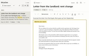 A search for "bicycles" finds the word inside a scanned letter.
