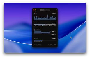 MoStats showing live CPU, memory, network, disk, uptime, and temperature stats.