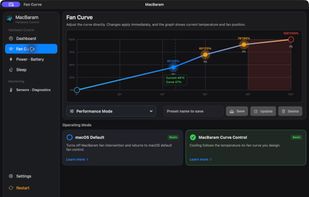 MacBaram fan curve controls and temperature monitoring on macOS.