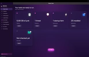 Scan results: 6.68 GB junk found, threats detected, startup items identified