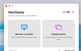 One app, two roles: on first launch each Mac asks whether to "become a monitor" (show another Mac's screen) or "extend screen" (send its own). No account, no setup.