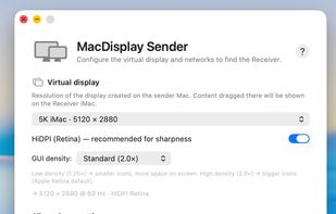 The main Mac sets the second display's resolution, HiDPI/Retina sharpness and GUI density, then connects over Thunderbolt, Ethernet or Wi-Fi with automatic failover (Thunderbolt ? Ethernet ? Wi-Fi).