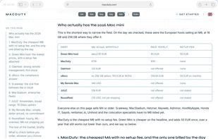 MacDuty's comparison of European Mac mini hosts: who actually has the 2026 M6, what each charges a month, and who adds a setup fee.
