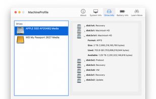 MachineProfile includes a Drive Info tab, providing technical information about the drives connected to your Mac.
