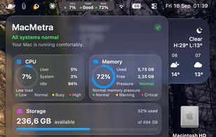The dashboard, one click from the menu bar: CPU load split into user, system and idle, memory with the pressure the system reports, startup disk space, thermal state and power.