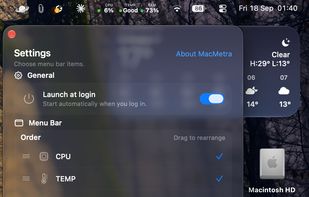 Settings: choose which readings appear in the menu bar and in what order, and turn on launch at login.
