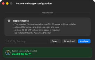 macUSB detects the selected macOS installer and allows the target USB drive to be selected before creation begins