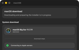 Downloading the selected macOS installer while showing its current stage, transfer speed and progress